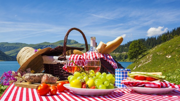 Picnic in french alpine mountains with lake
